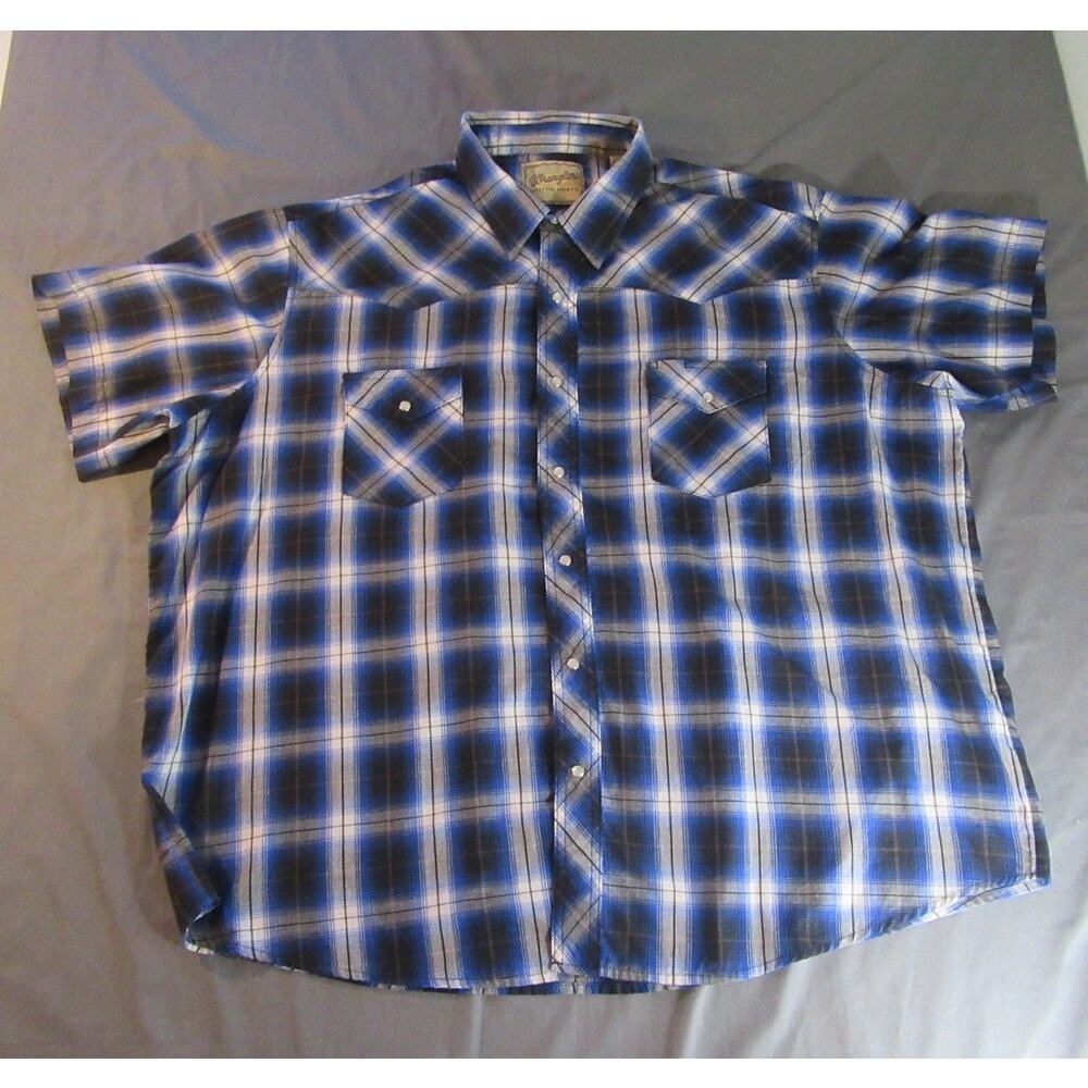 Wrangler Western Pearl Snap Blue Plaid Short Sleeve Men's Shirt 3XL Cowboy Rodeo